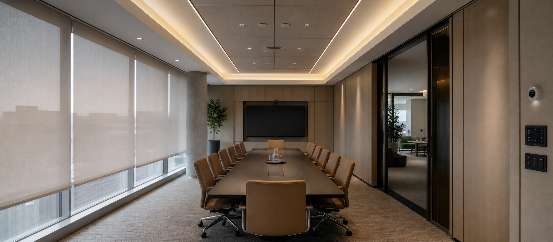 Illustrative commercial interior with integrated lighting shading and controls