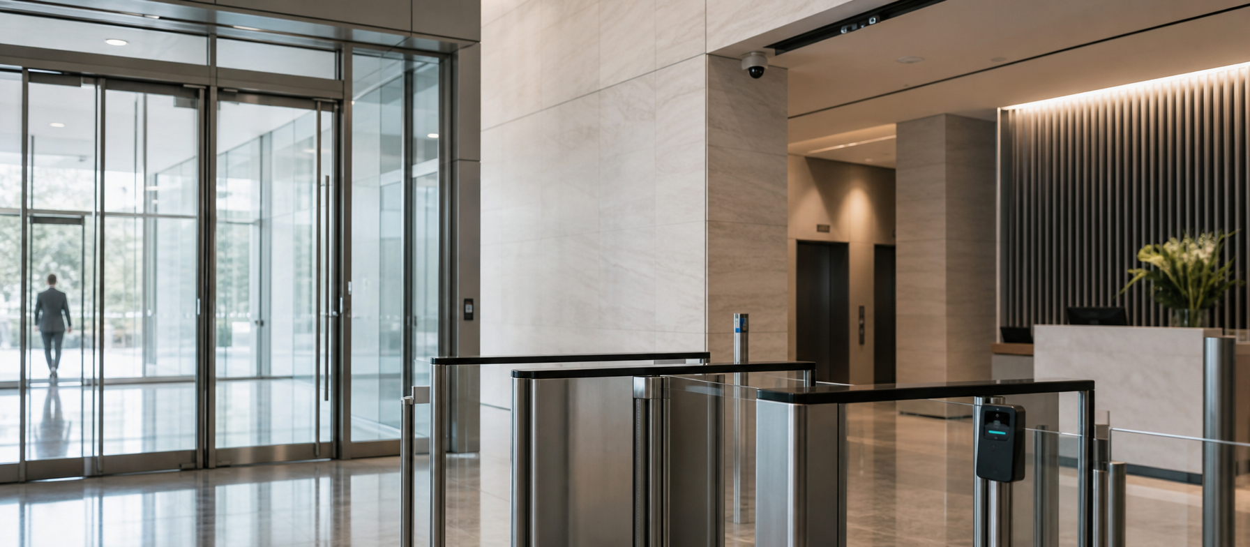 Illustrative commercial entry with integrated security and access control