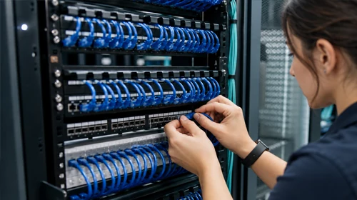 Technician working at a commercial network switch rack