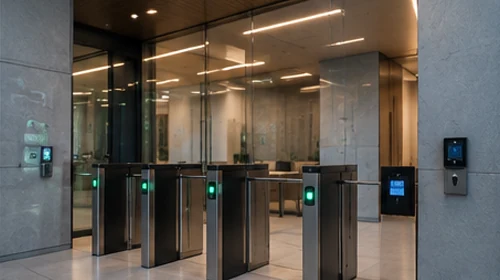 Controlled building entry with electronic access turnstiles