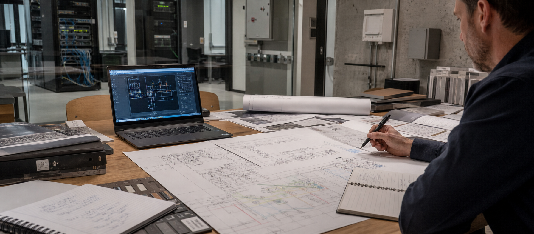 Illustrative commercial project planning and technical coordination scene