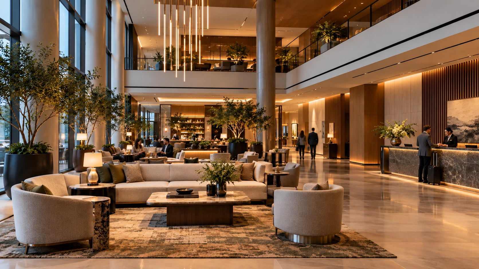 Hotel lobby with reception and guest seating areas