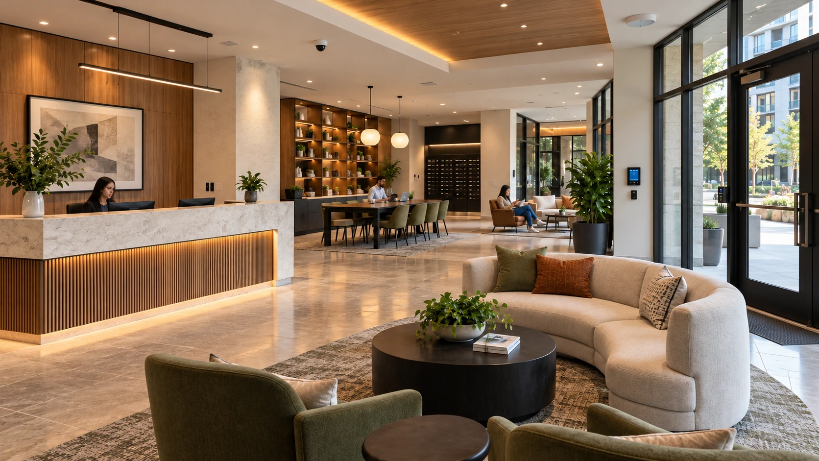 Managed property lobby with reception and shared seating