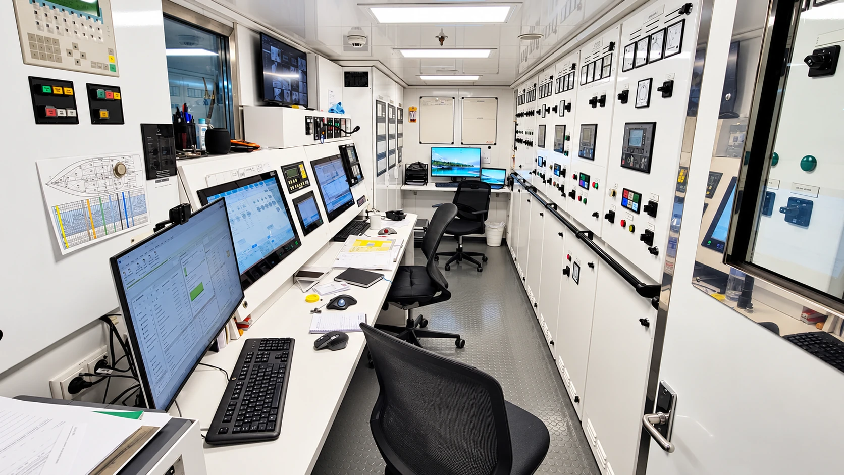 Engine control room aboard a large vessel with consoles, instrumentation and monitoring displays