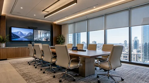 Commercial boardroom with integrated presentation and conferencing systems