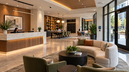 Shared residential property lobby with reception seating and entry doors