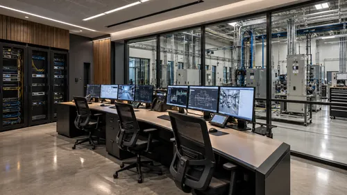 Technical operations center overlooking industrial equipment and instrumentation